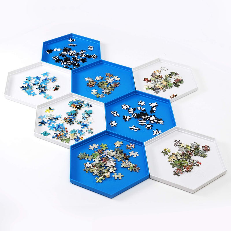 Becko US Stackable Puzzle Sorting Trays Jigsaw Puzzle Sorters with Lid Puzzle Accessory for Puzzles Up to 1500 Pieces, 8 Hexagonal Trays in White & Blue - Image 3
